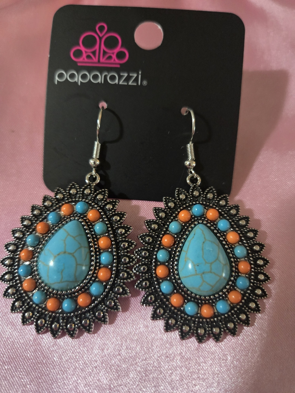 Paparazzi Turquoise and Orange Teardrop Filigree Earrings